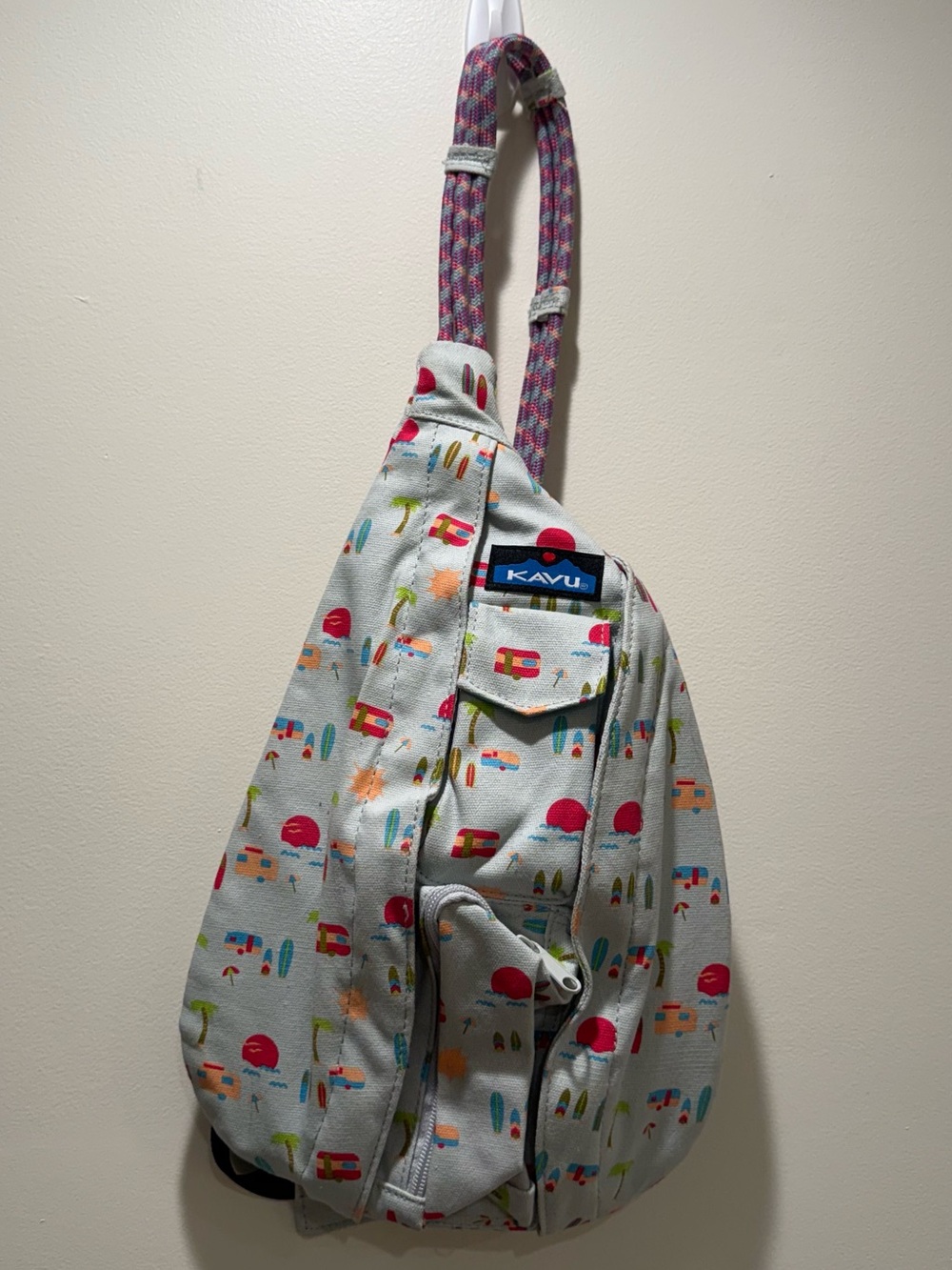 Kavu Sling Bag in Light Gray with Pink and Teal Camper Print